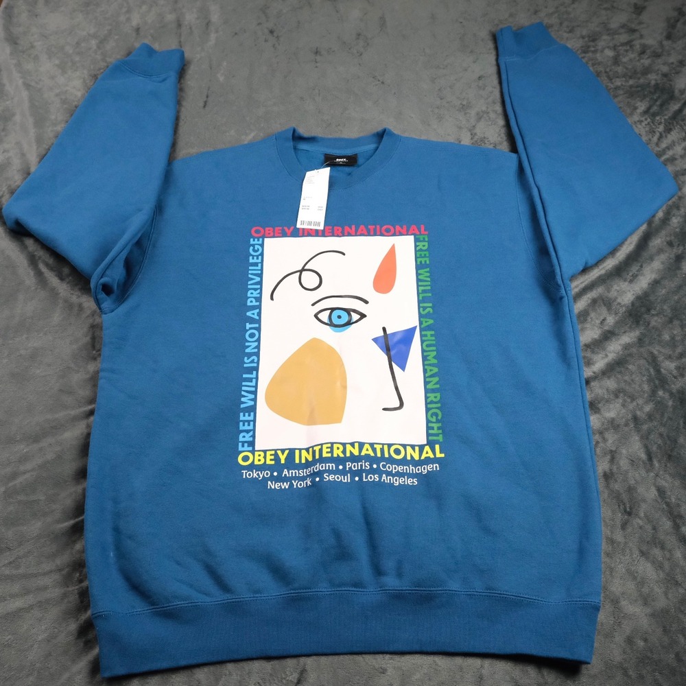 OBEY International Graphic Print Crew Neck Sweatshirt Mens‎ Medium Blue